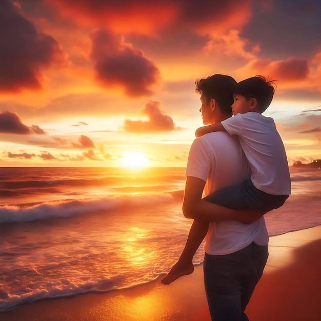 Happy fathers day The son riding on his fathers neck looking at the sunset at the beach