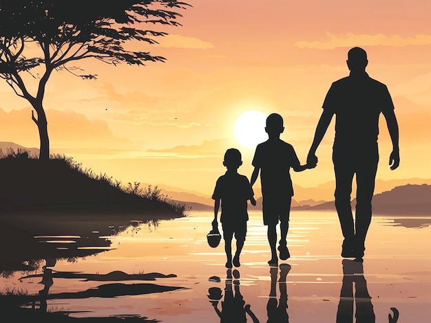 happy fathers day with silhouette of dad and son walking at sunset