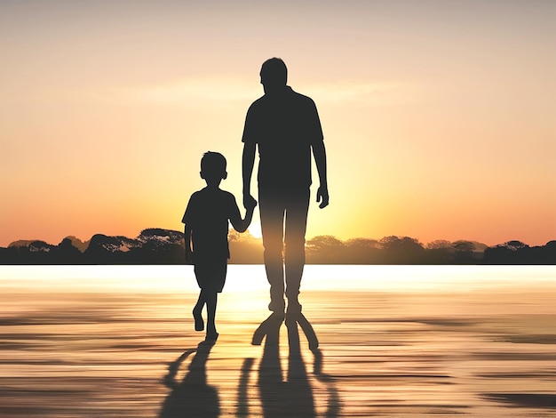 happy fathers day with silhouette of dad and son walking at sunset