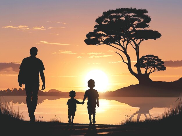 happy fathers day with silhouette of dad and son walking at sunset