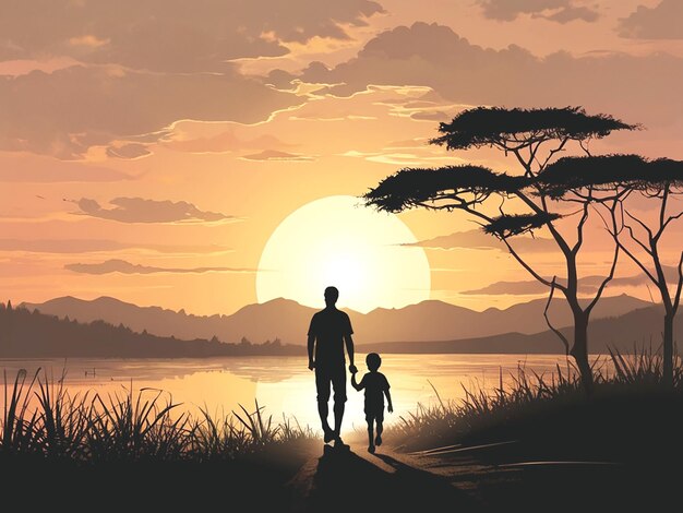 happy fathers day with silhouette of dad and son walking at sunset