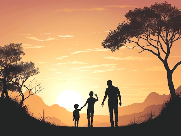 happy fathers day with silhouette of dad and son walking at sunset