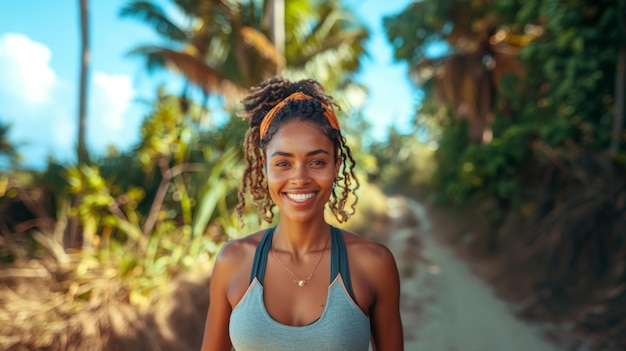 Happy Female Athlete Smiling After Outdoor Fitness Workout In Nature