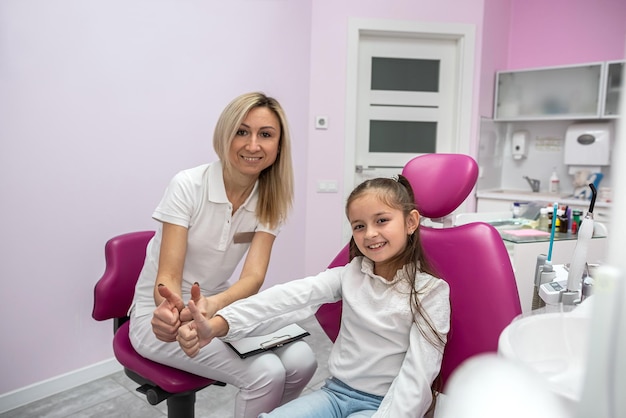 Happy female dentist is interviewing a little girl patient in the office of a children's dental clinic Dentistry technology technology and healthcare concept children's dentistry