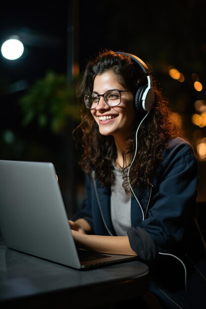 Happy female entrepreneur having a virtual business meeting at night