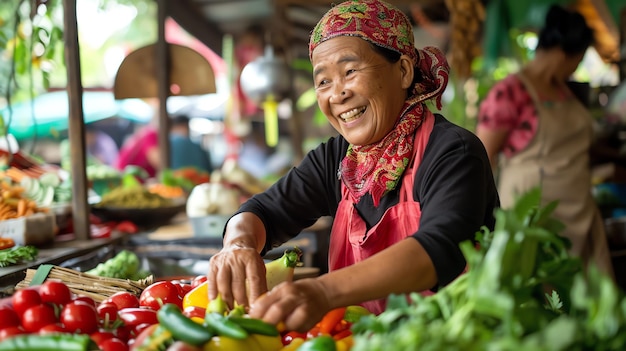 A happy female farmer harvests fresh produce from her garden