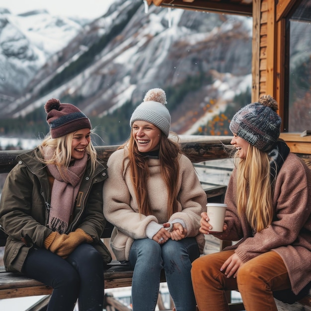 Photo happy female friends drinking coffee together at cafe