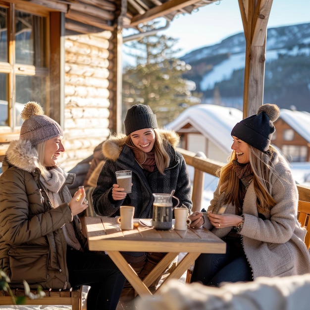 Photo happy female friends drinking coffee together at cafe