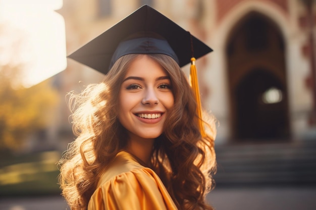 Happy female graduate wearing a graduation cap recently graduated from school Learning and university concept