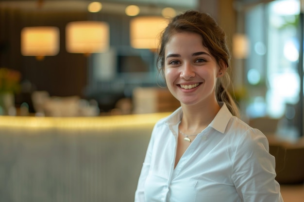 Photo happy female hotel receptionist standing at hotel