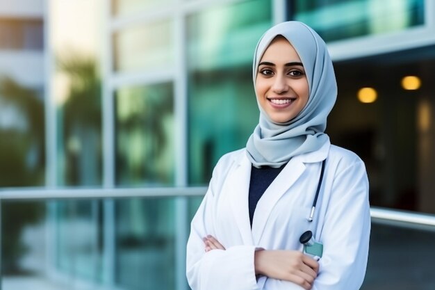 Happy female muslim doctor with arms crossed looking away