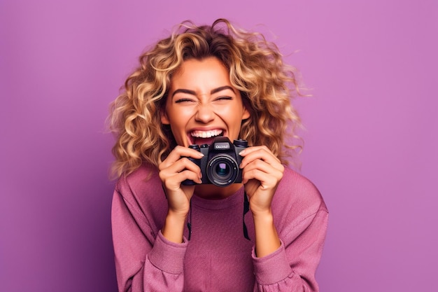 Happy female photographer uses photo camera young woman having fun generative AI