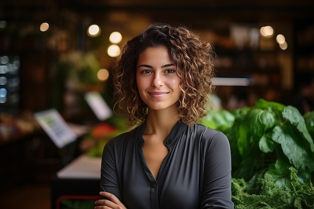 Happy female store owner at cafe or grocery with arms crossed AI Generated