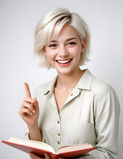 happy female student pointing hand