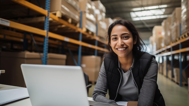 Happy female young woman warehouse worker of Middle Eastern decent sitting at desk with her laptop