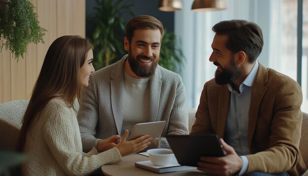 Happy financial advisor using touchpad while talking to young couple during the meeting