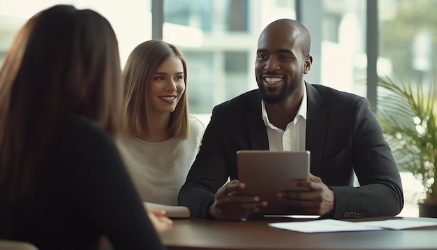 Happy financial advisor using touchpad while talking to young couple during the meeting