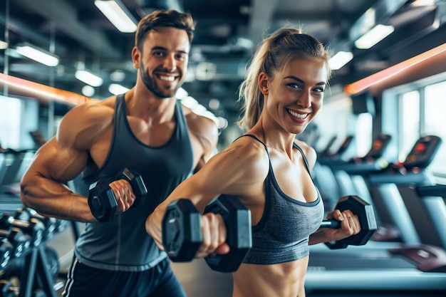 Happy Fit Couple in Gym Lifting Dumbbells Displaying Strength and Motivation During Intense Workout