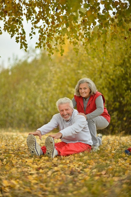 Happy fit senior couple exercising in autumn park