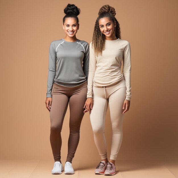 Happy fit sporty diverse different girls group having fun standing at beige background