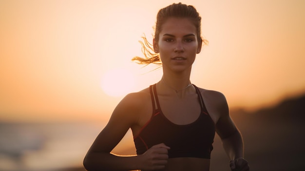 A happy fitness girl 20 years old running on a beach with Generative AI