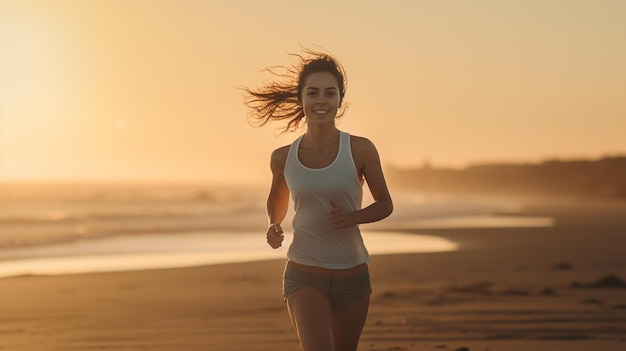 A happy fitness girl 20 years old running on a beach with Generative AI