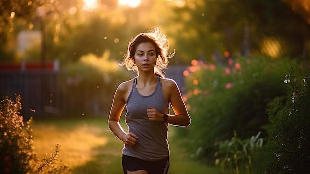 A happy fitness girl 20 years old running in the garden with Generative AI