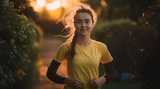 A happy fitness girl 20 years old running in the garden with Generative AI