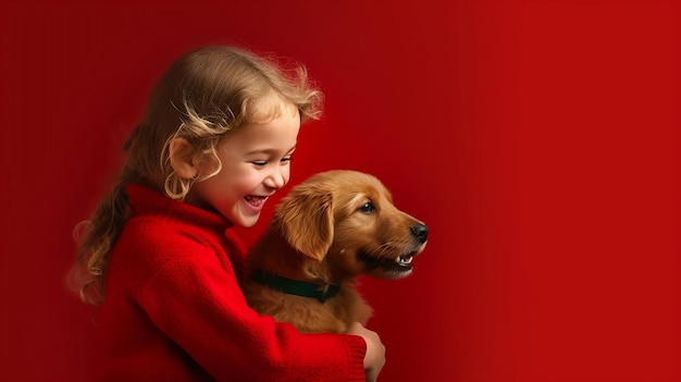 Happy fiveyearold girl hugging her puppy isolated on red background copy space banner AI