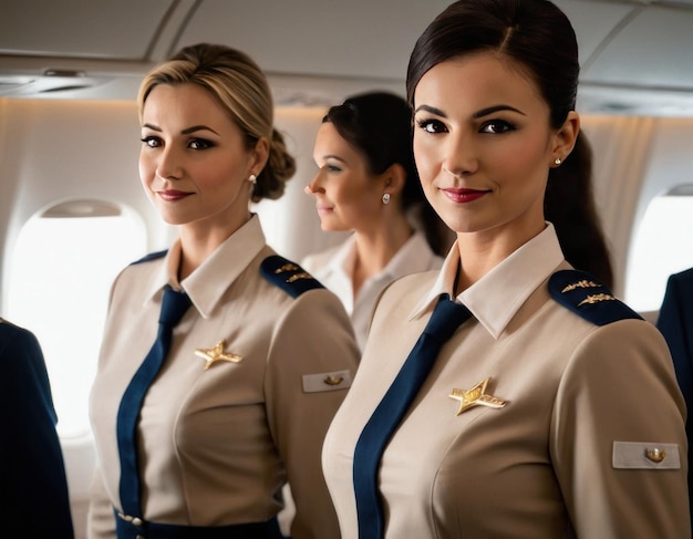 Photo a happy flight attendant in uniform greets passengers onboard