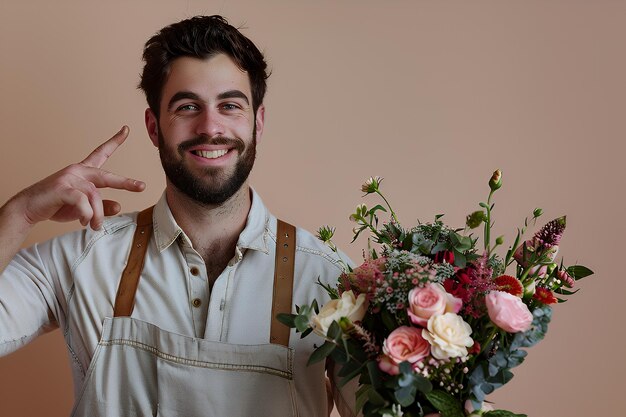 Photo happy florist holding a bouquet