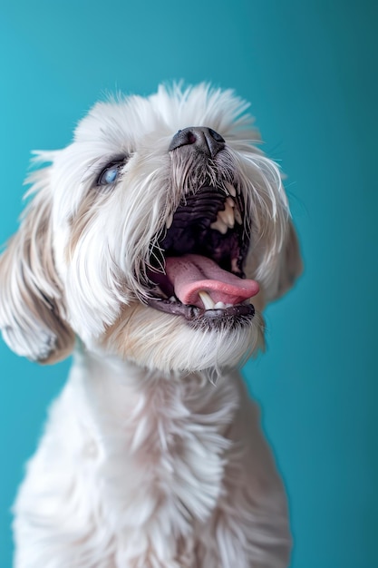 Happy Fluffy White Dog Yawning With Mouth Open Against Blue Background Cute Pet Portrait