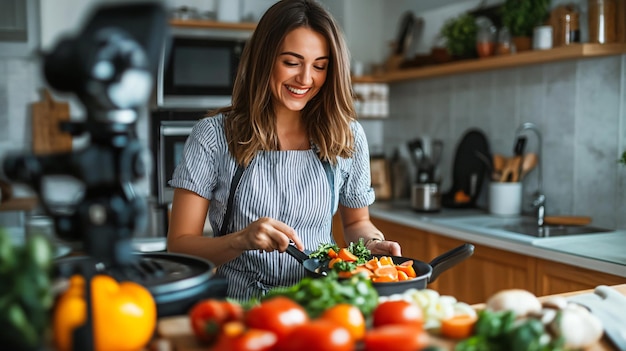 Photo happy food blogger cooking and recording video