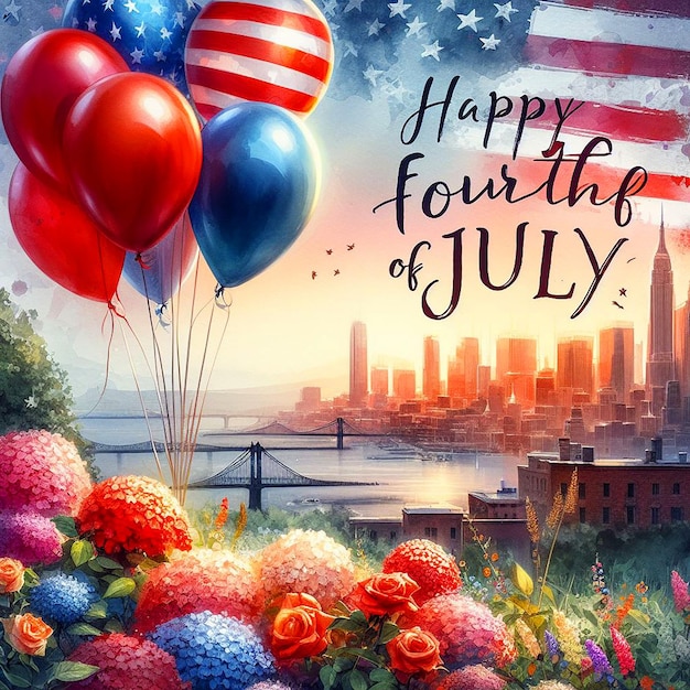 Happy Fourth of July Independence Day Balloon flying floral and city background water color vector