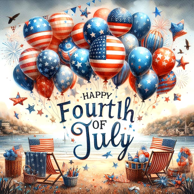 Happy Fourth of july independence day usa celebration Balloon flying with text american flag pattern