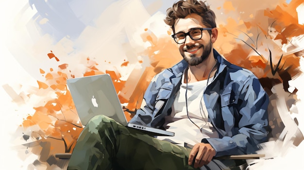 Happy freelancer with computer at home young man