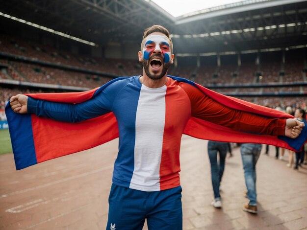 Happy French sports supporter cheering Painted face male supporter