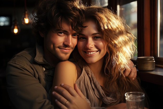 Happy friend hugging his beautiful girlfriend while drinking iced coffee in a cafe Generated with AI