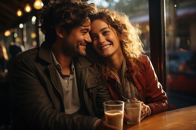 Happy friend hugging his beautiful girlfriend while drinking iced coffee in a cafe Generated with AI