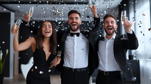 Photo happy friends celebrate success with champagne and confetti