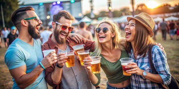 Happy Friends Enjoying Beer and Fun at Music Festival