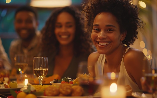 Happy Friends Enjoying Dinner Together At Home