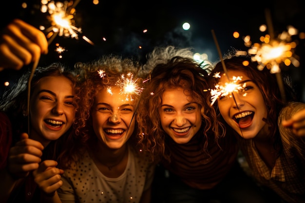 Happy friends enjoying new year with sparklers celebrating with fireworks holidays and friendship