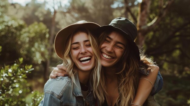 Happy Friends Hugging in Nature