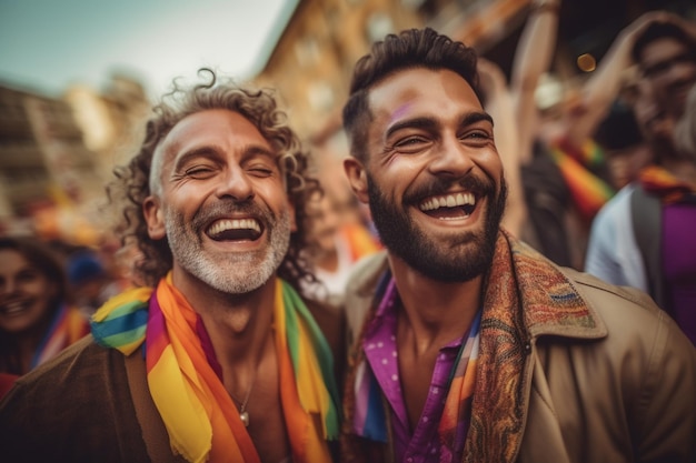 Happy friends at LGBTQ Pride Parade in Amsterdam Amsterdam Pride Celebration