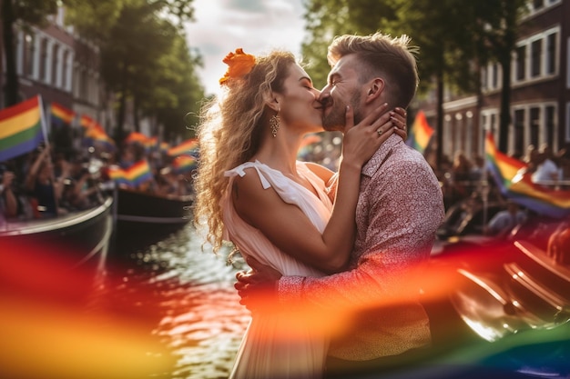 Happy friends at LGBTQ Pride Parade in Amsterdam Amsterdam Pride Celebration