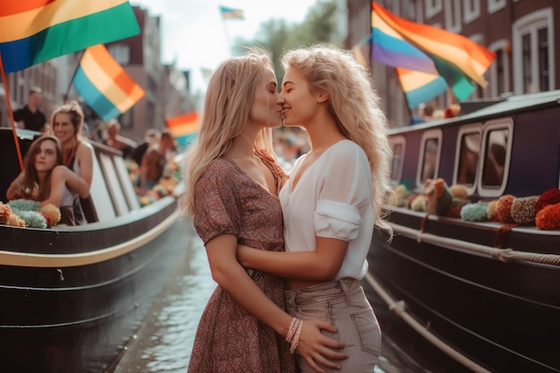 Happy friends at LGBTQ Pride Parade in Amsterdam Amsterdam Pride Celebration