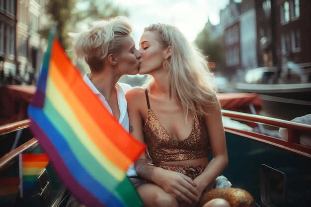 Happy friends at LGBTQ Pride Parade in Amsterdam Amsterdam Pride Celebration