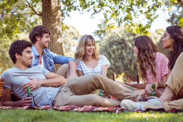 Happy friends in the park having picnic