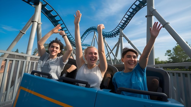 Happy Friends Riding Roller Coaster at Amusement Park